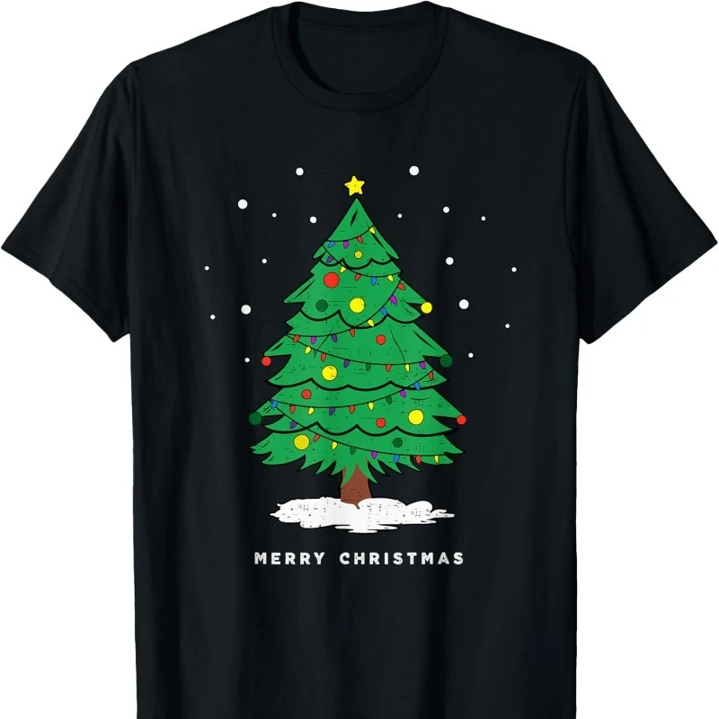 

Retro Christmas T-shirt with Tree Lights Men and Women Crew Neck Short Sleeve Cotton Top All Seasons Casual Fashion Comfortable