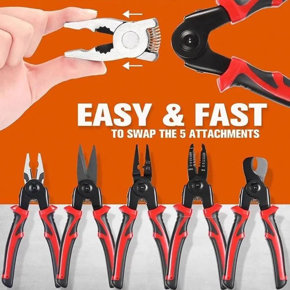 5-in-1 Multifunctional Pliers Set Interchangeable Plier Heads Wire Pliers Stripper Cable Clamp Crimping Pliers Home Repair Tool