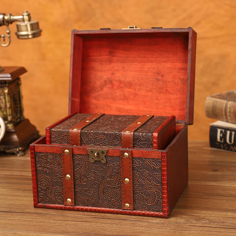 Retro Wooden Jewelry Box Antique Storage Treasure Chest with Lock Medieval Vintage Suitcase Necklaces Organizer Antique Gift Box