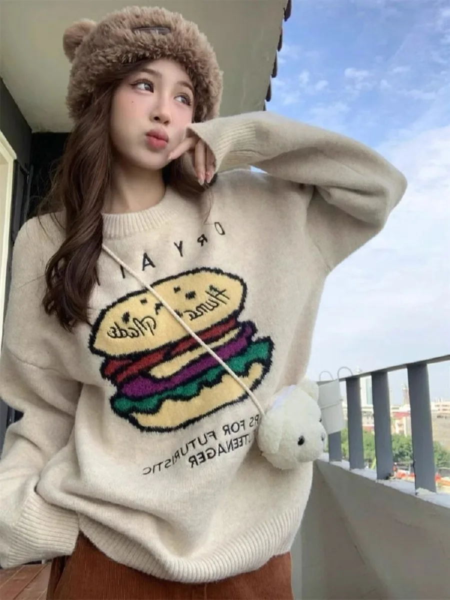 

Cartoon Fun Printed Soft Glutinous Pullover Sweater Women Autumn Winter New Loose Lazy Niche Design Long-Sleeved Knitted Sweater