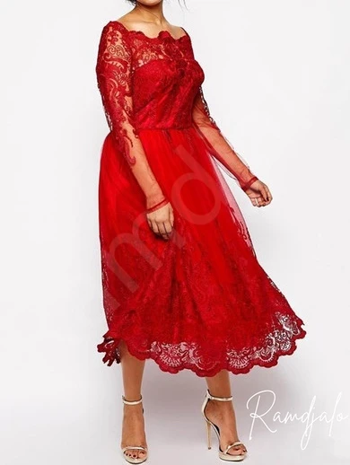 Customized Red Lace Plus Size Mother of the Bride Dress Sheer Long Sleeves Modest Tea Length Wedding Guest Gown Formal Attire