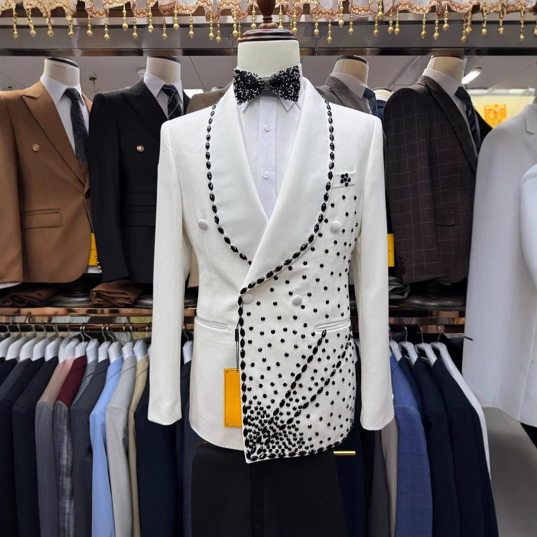 

Exclusive Rhinestones Beaded Suit Men Plus Size Doubel Breasted Jacket Pants 2 Pieces Sets Groom Wedding Tuxedos Banquet Blazers