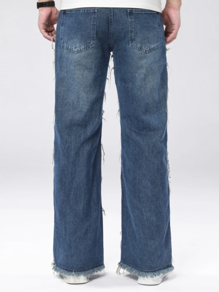 Men's Casual Style Biker Jeans Stylish Splicing Loose Straight Denim Pants American Retro HipHop Street Male Fringe Trousers