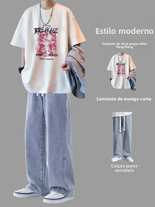 Conjunto de Camiseta de Manga Curta Casual Americana para Homens, Jeans Soltos de Verão, Conjunto de Roupas para Adolescentes