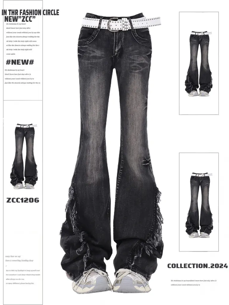 

Retro American Y2K Spicy Girl Micro Flared Jeans Women's Frayed Design High Waist Slim Floor-Length Trendy Denim Pants