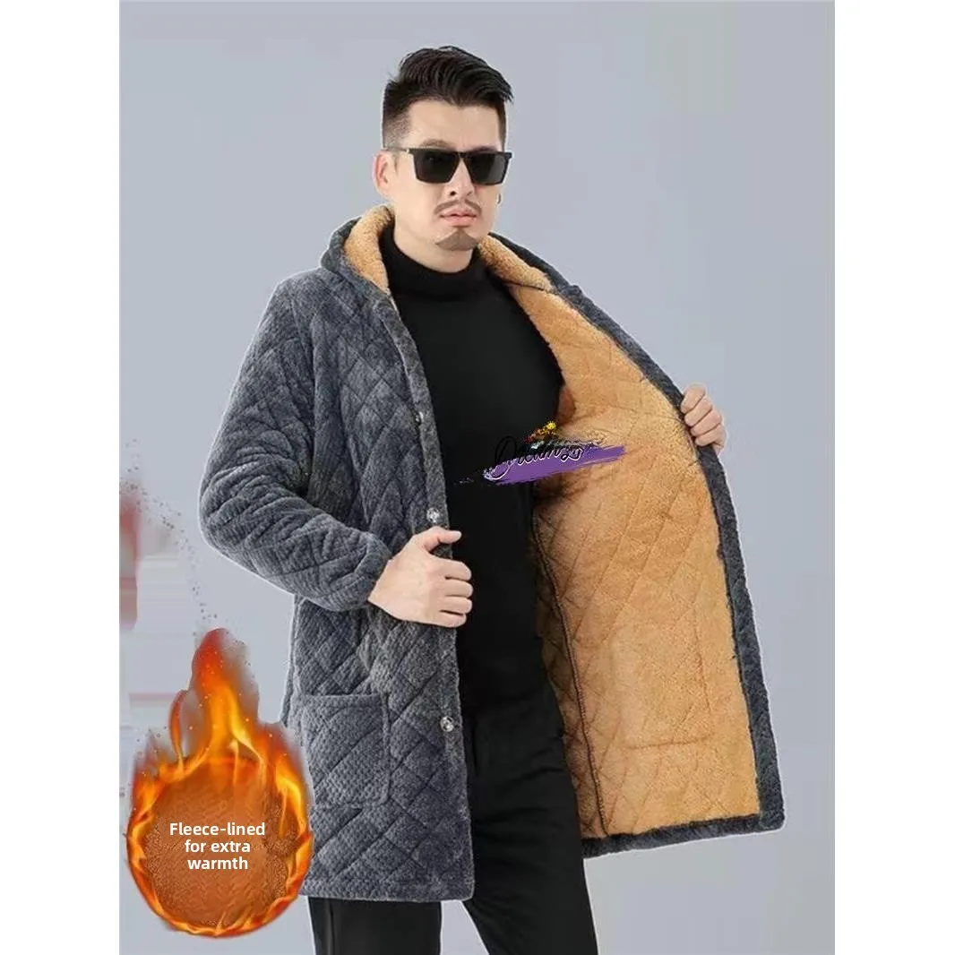 

Men's Winter Thickened Fleece Lined Cotton Jacket Home Workwear Apron Style Sleepwear Loose Fit Fashion Urban Style