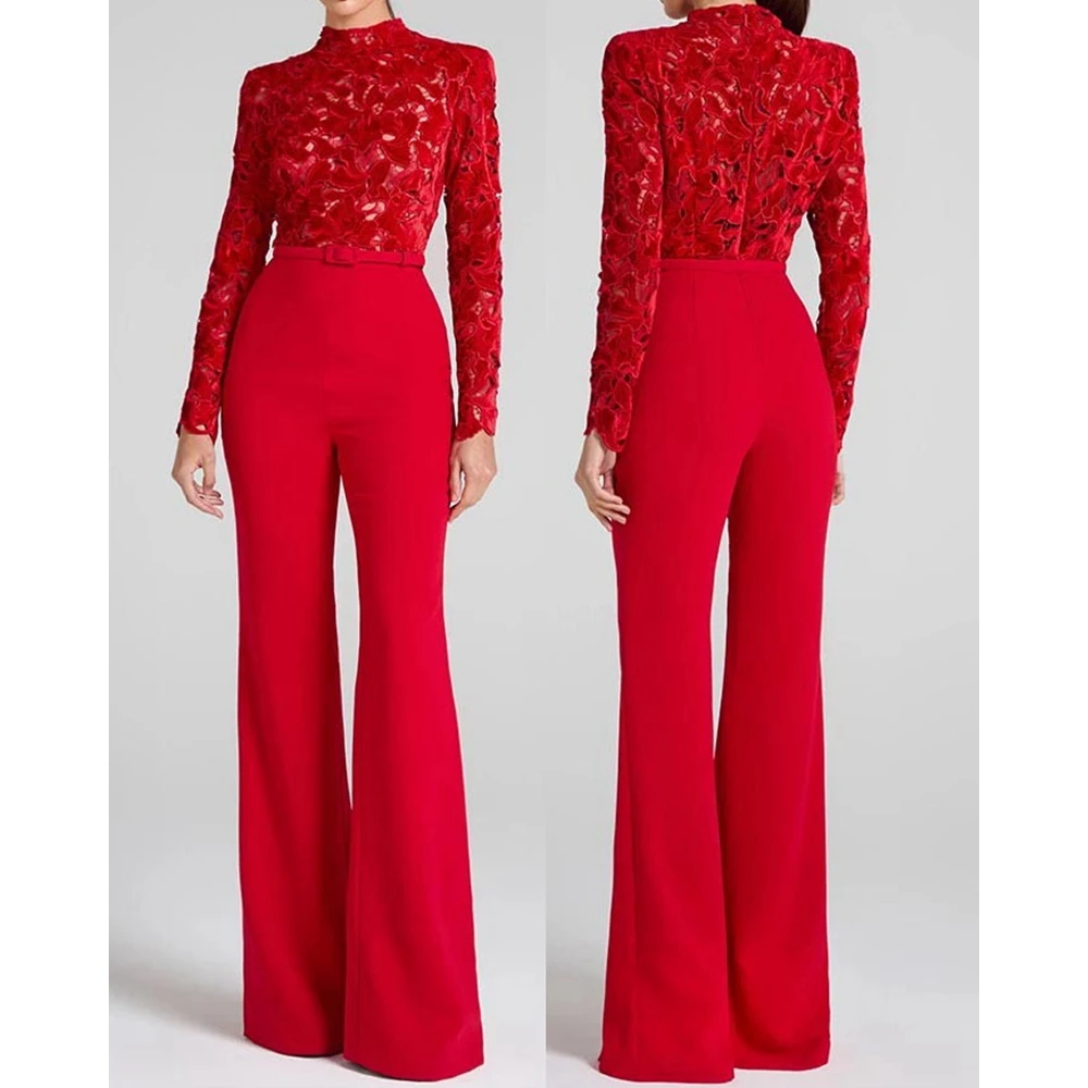 

Long Sleeve Skinny Contrast Lace See Through Women Sexy Red Flared Leg Jumpsuits