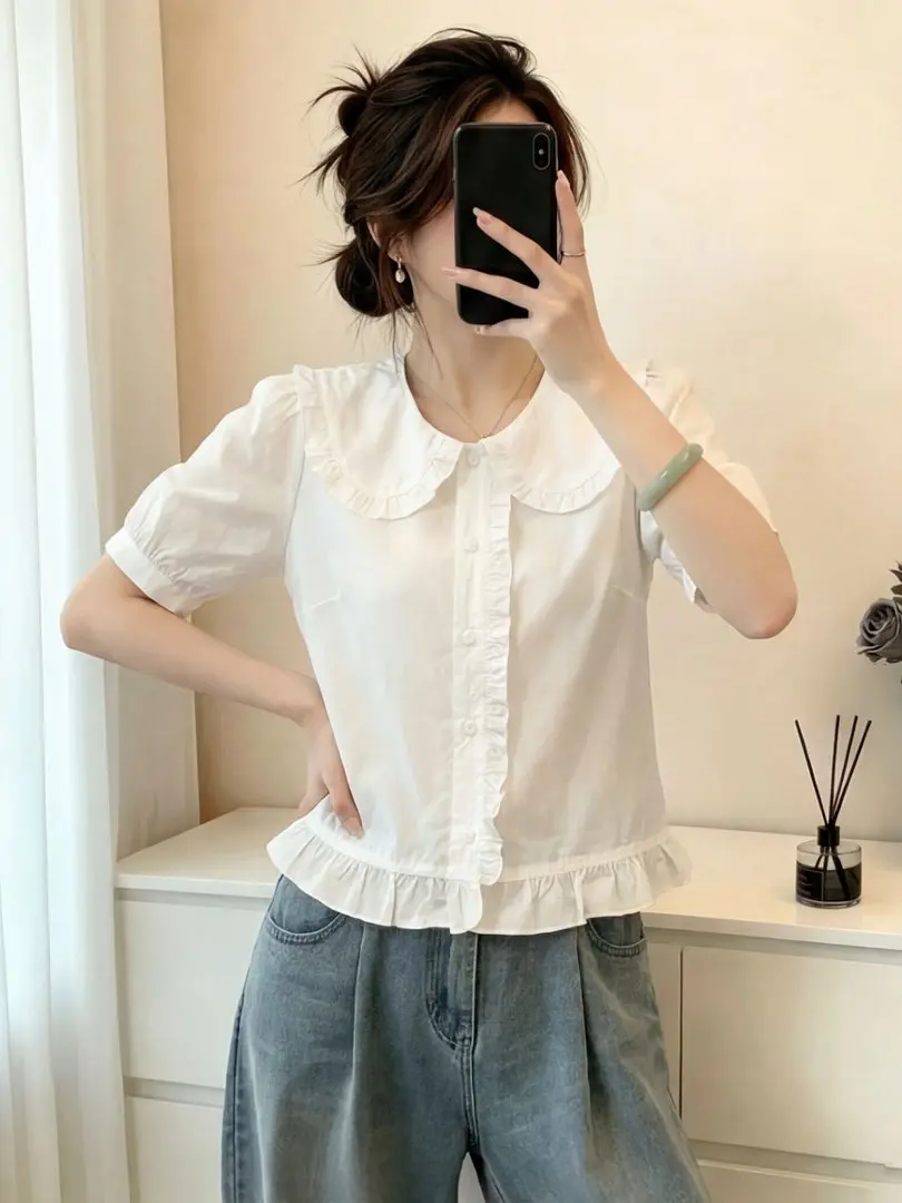 

Cute Style Short Sleeve Shirt Women's Unique Beautiful Ruffle Bubble Sleeve Doll Collar Top Early Summer White Blouse