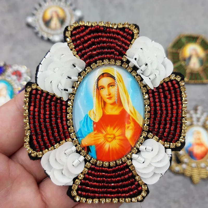 3D Handmade Rhinestone Mary motywy wyszywana kryształkami skrzydła anioła naszywki przyszyć na odzież krzyż torba z odznaką aplikacja dekoracji