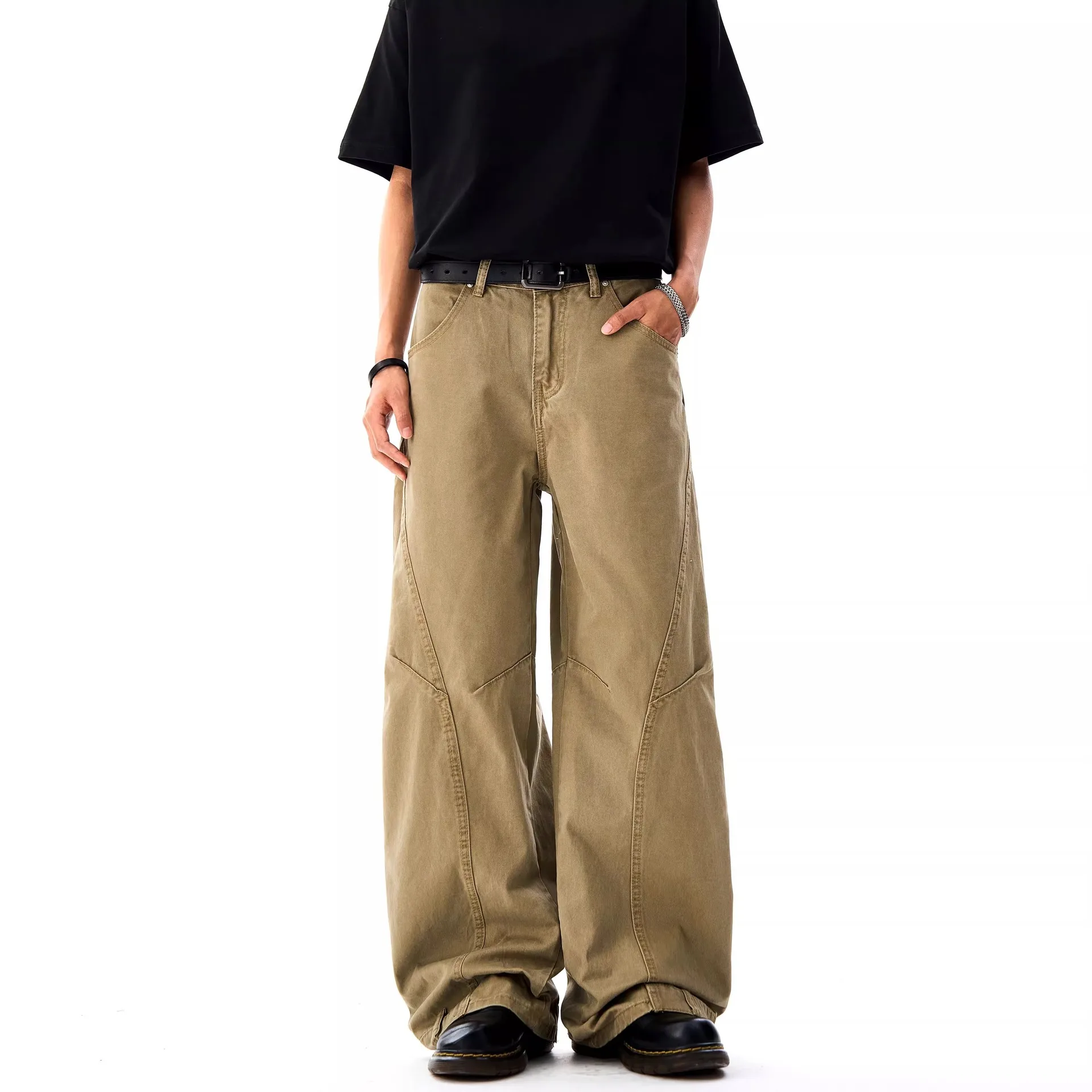 American Style New Fashion Vintage Men Solid Color Wide Leg Simple Basic Trendy Floor Length Loose Fit Cargo Denim Trousers Male