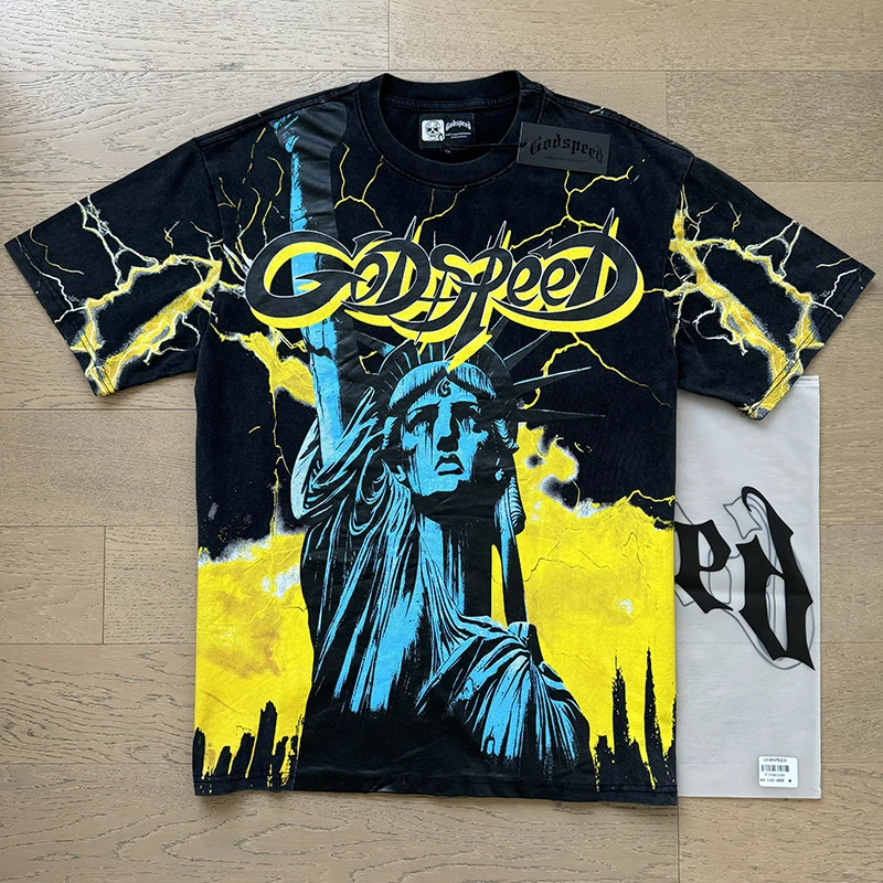 جديد 2025 تيشيرتات Godspeed الأمريكية عالية الشارع الهيب هوب العصرية العلامة التجارية غسلها المتعثرة الصيف عادية فضفاض الكل في طباعة القطن