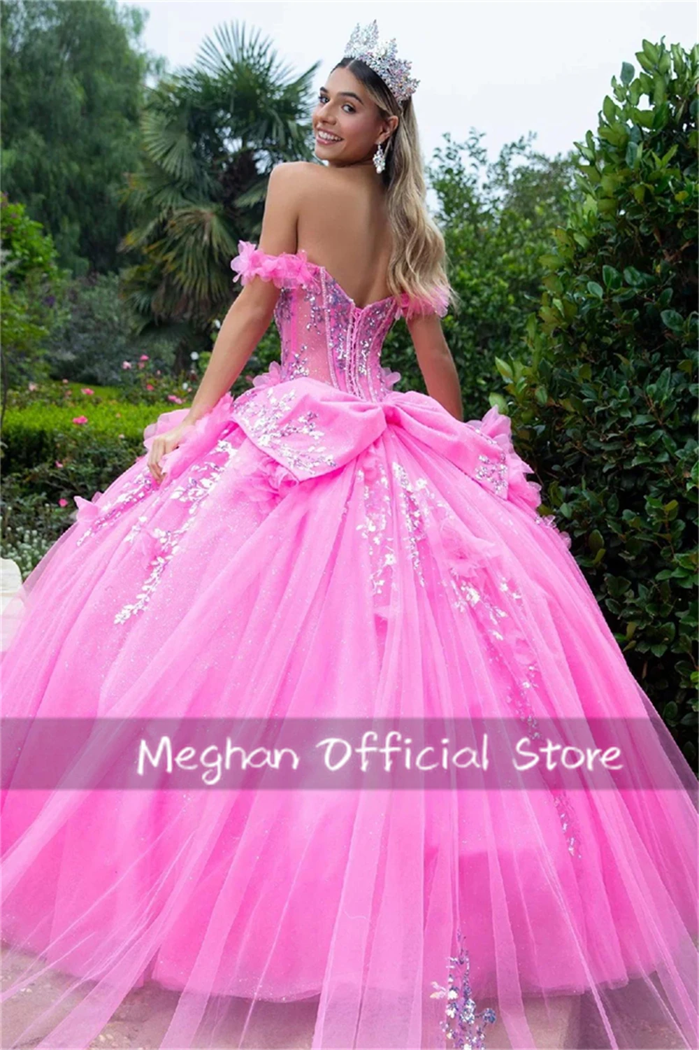 Glitzerndes rosa Ballkleid-Quinceanera-Kleid für Mädchen, herzförmig, schulterfrei, 3D-Applikationen, Vestidos de 15 Jahre, individuell gestaltet