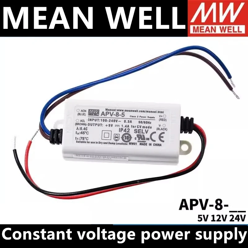 

MEAN WELL APV-8-5 APV-8-12 APV-8-24 LED Low Voltage Class 2 Small Mini switching power supply Single group output MW