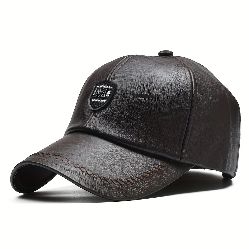 M Label Pu Leather Baseball Caps Spring and Autumn Outdoor Adjustable Casual Hats Sunscreen Hat