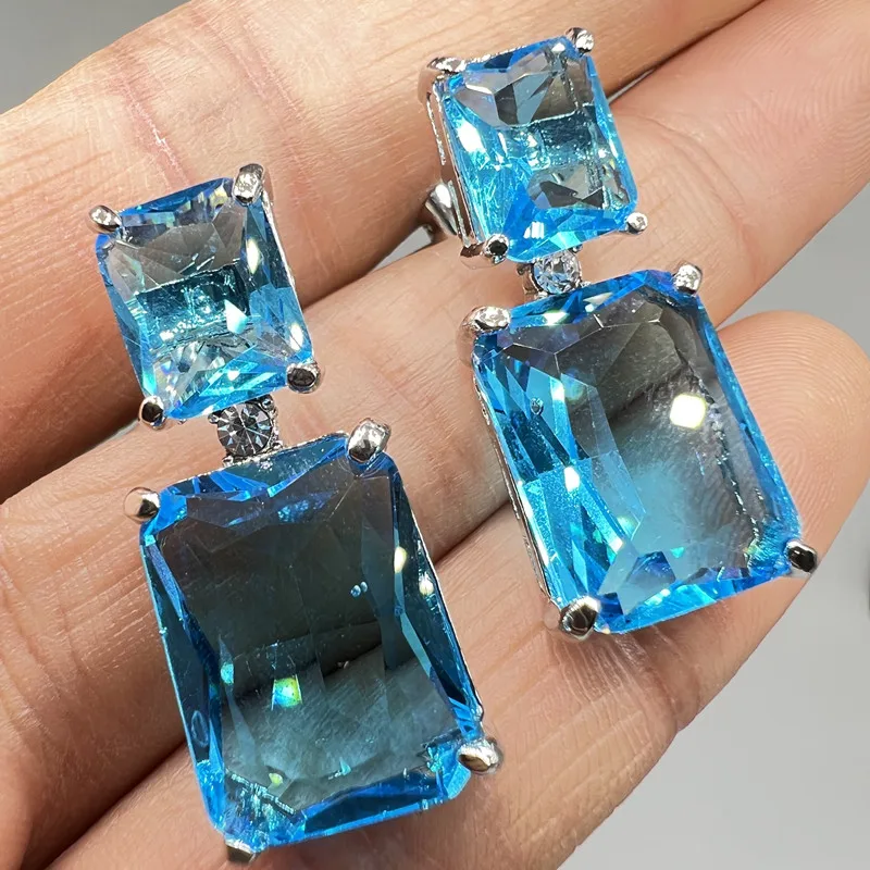 Vintage Square Blue Stone Dangle Earrings for Women Engagement Wedding Earring Valentines Day Gift Boho Jewelry Accessories