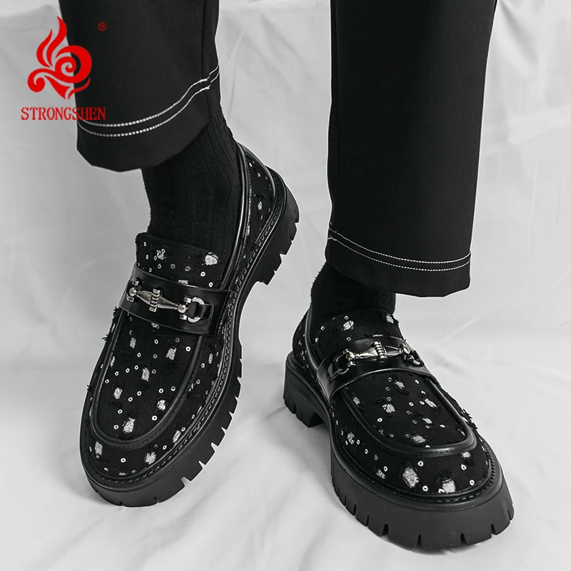 

Мужская кожаная обувь STRONGSHEN, модная парусиновая повседневная модельная обувь без шнуровки на толстой подошве, мужские вечерние лоферы для мужчин, Zapatos Hombre