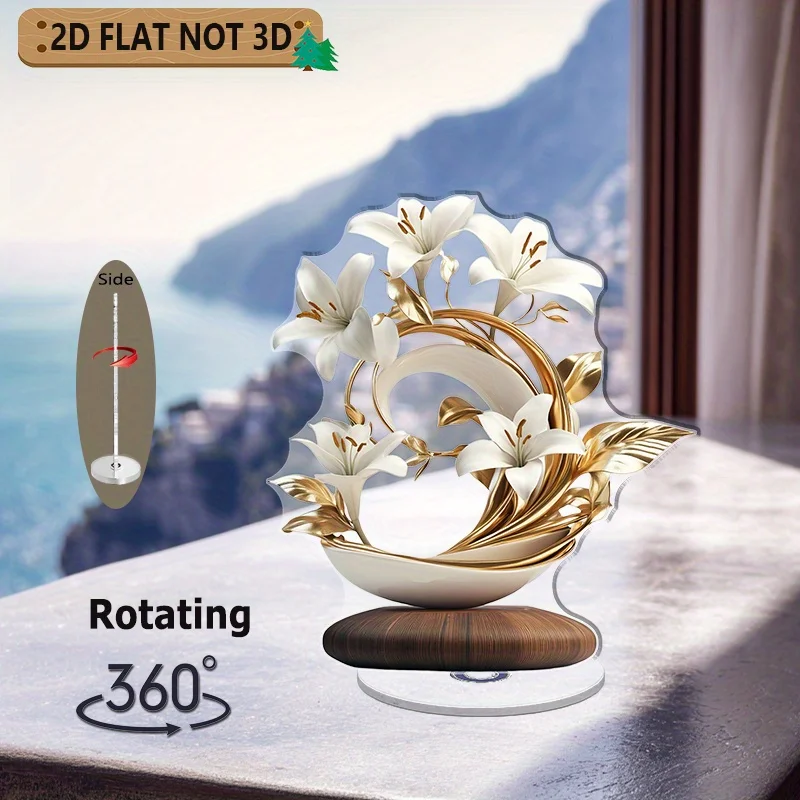 2D Flat Rotating Acrylic Ornament - 360 Degree Rotation White Lily And Golden Leaf Design No Power Needed, Home Wedding Office D
