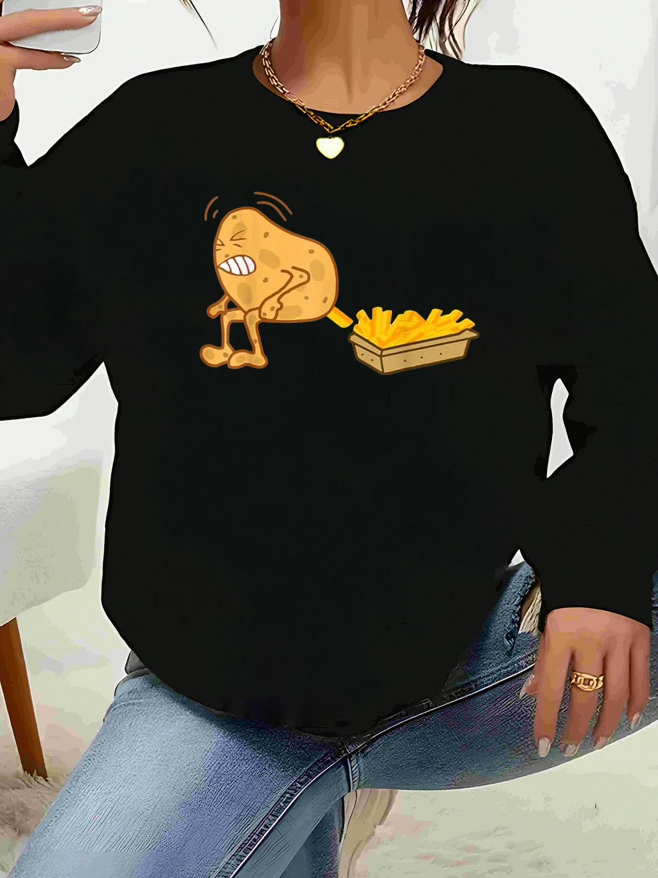 

Толстовка с длинными рукавами и принтом картофеля фри для повседневной женской одежды