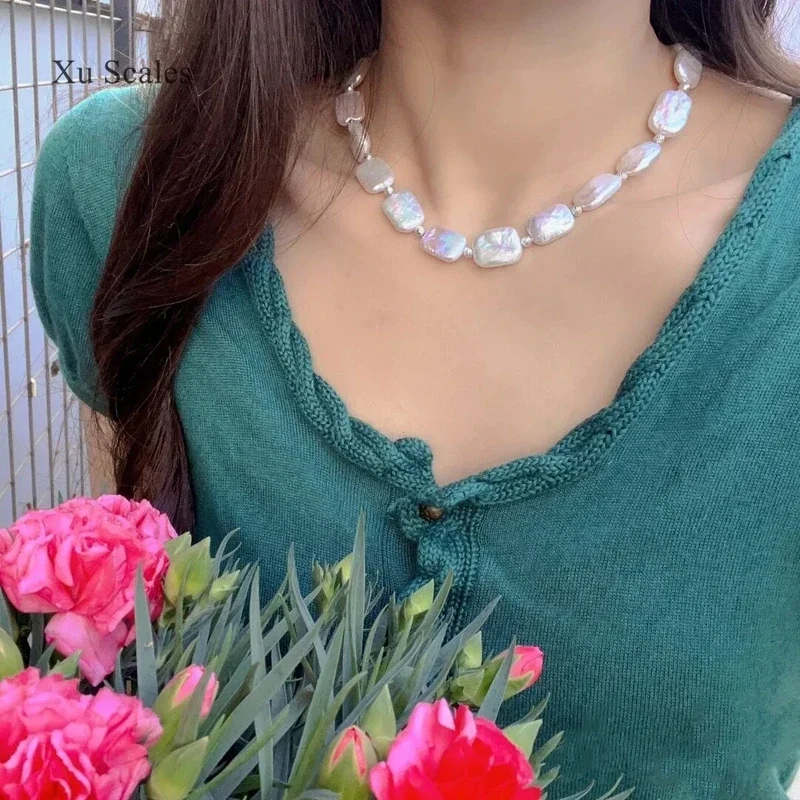Natural Fresh Water Irregular Baroque Bright White Square Pearl Necklace Women\'s Vintage Jewelry Collar Neckchain Exquisite Gift