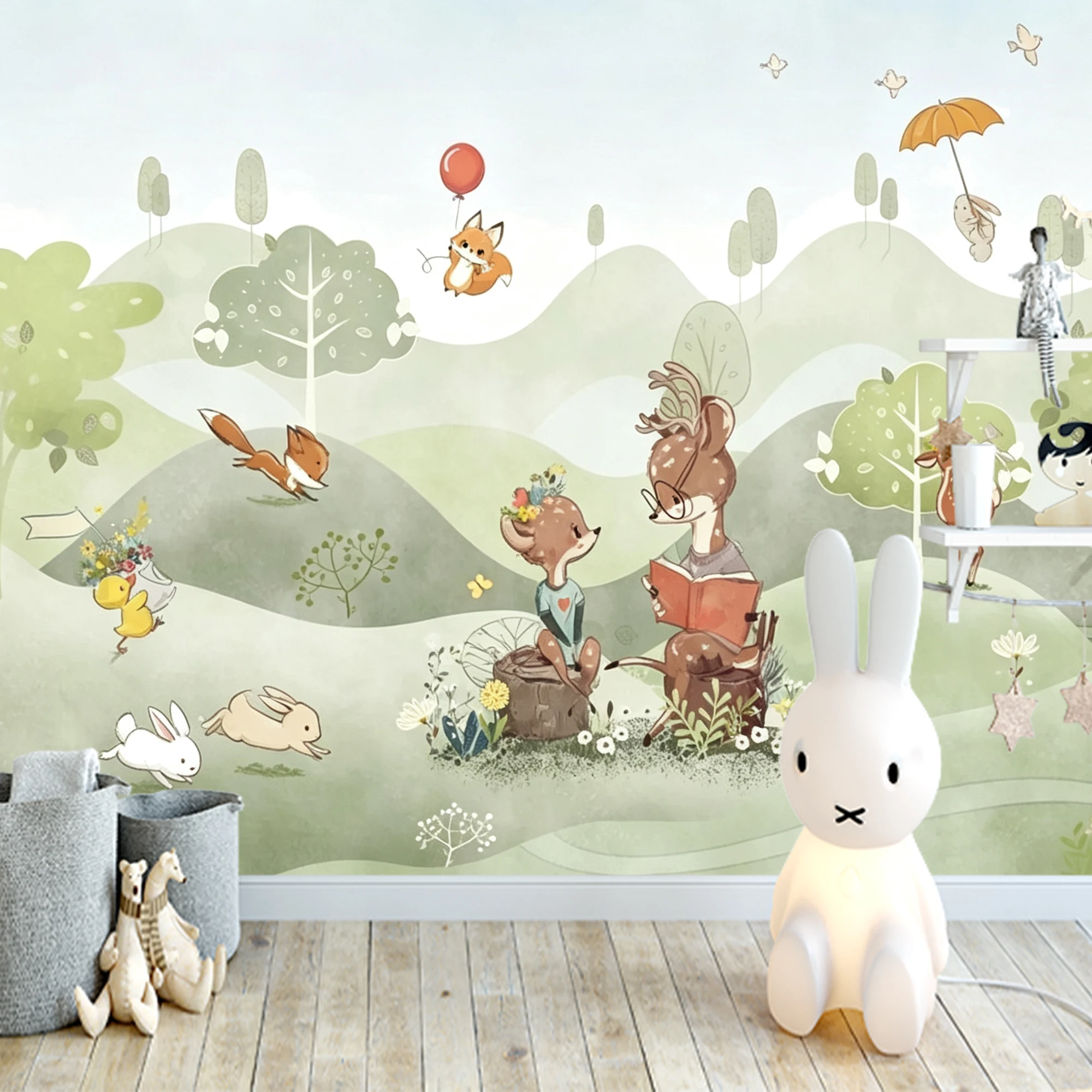 Custom Mural Wallpaper Kids Woodland Forest Peel And Stick Wall Deer Fox Rabbit Cartoon Animal For Nursery Bedroom Home Decor