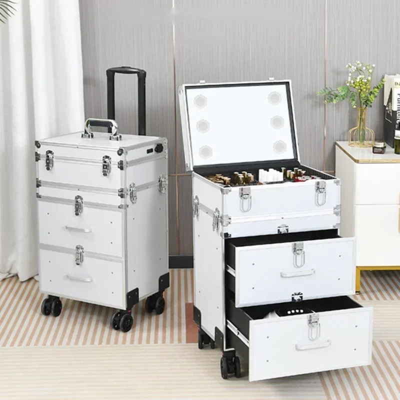 

LED Beautician Professional Makeup Box Multilayer Cosmetics Drawer Organizers With Mirror Portable Makeup Trolley Case