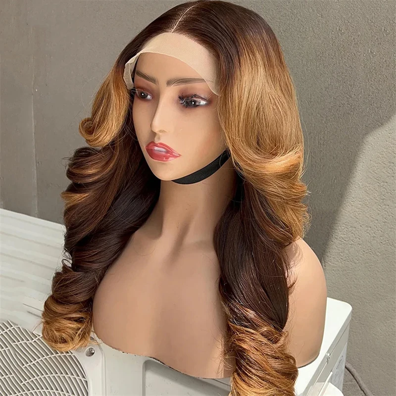 

Soft 28Inch Body Wave Glueless Ombre Brown 5x5 Silk Base Jewish Human Hair Wig Baby Hair HD Lace European Hair Preplucked