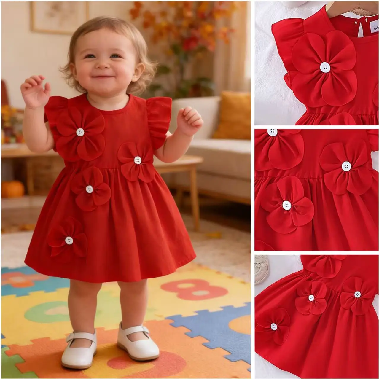 Autumn New Girls Childrens Clothing Three Dimensional Flower Flying Sleeve Red Temperament Sweet Dress
