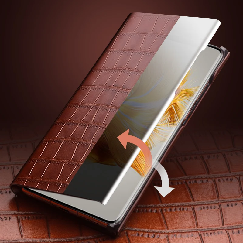 QIALINO Genuine Leather Flip Case for Huawei Mate 50 Ultra Light Luxury Phone Cover with Smart View Case for Mate 50 Pro