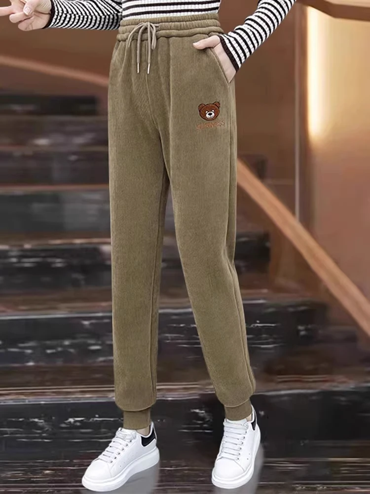 

Thiened вельветовые спортивные штаны с рисунком медведя, прямые брюки с высокой талией, теплые осенне-зимние женские модные повседневные брюки