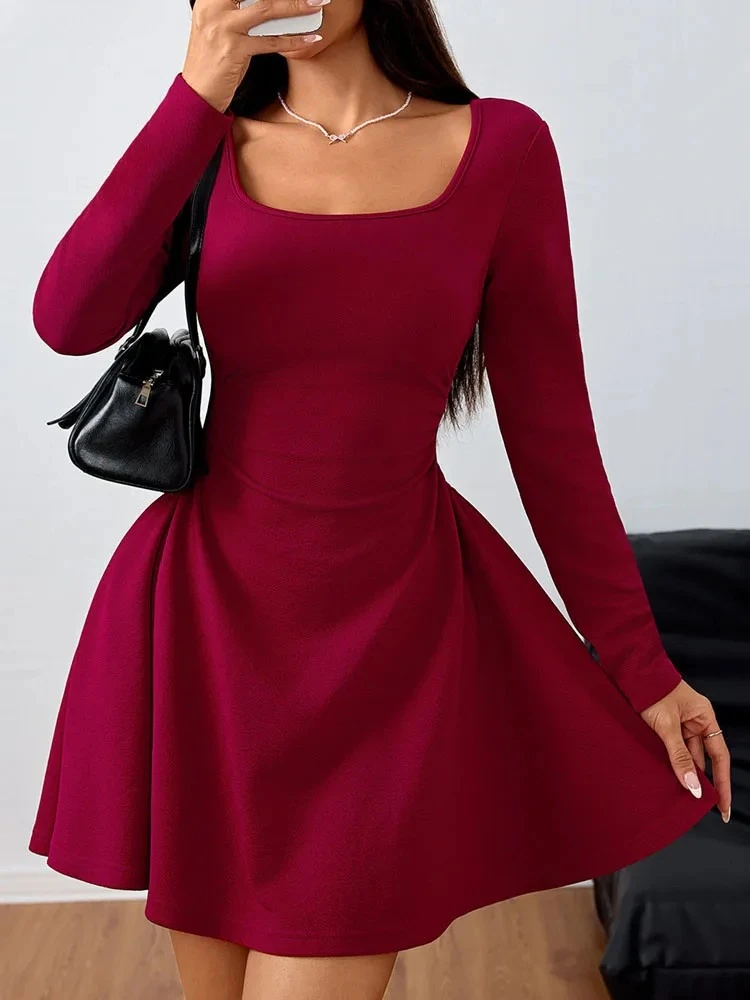 2025 الخريف الصلبة ساحة الرقبة Bodycon فستان المرأة حفلة ضيقة فساتين قصيرة الجنية السيدات مثير الأحمر نادي فستان قصير #1