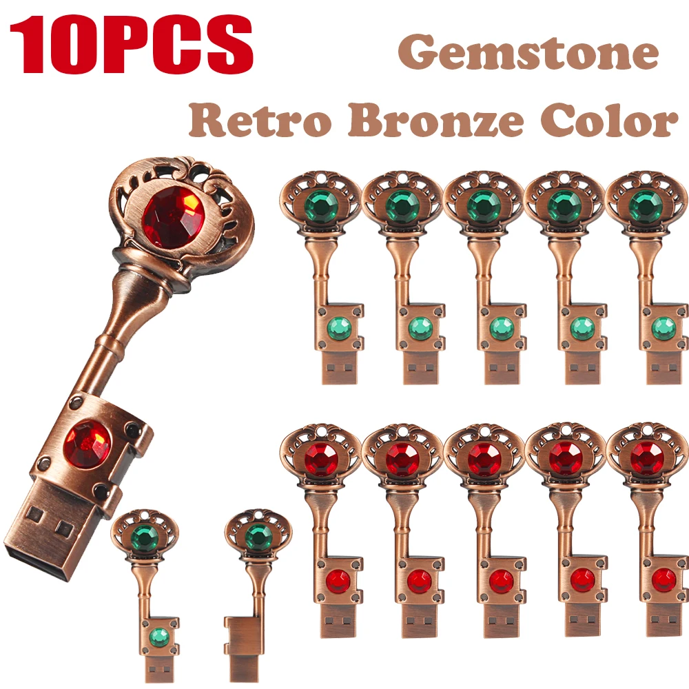 

Pen Drive 10 PCS LOT 128GB Vintage Gemstones Key Memoria USB 64GB Pretty Mini USB Flash Drive For Laptop Creative Gift 32GB