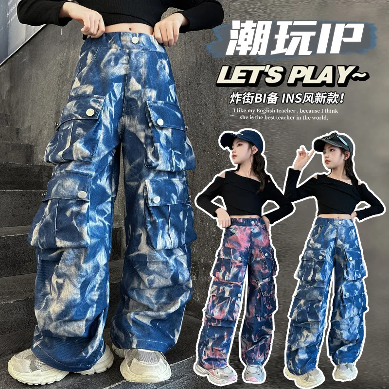 10 14 junior girls Casual tie-dyed Hip Hop cargo pants teen kids Dance Spodnie z szerokimi nogawkami ubrania dla dzieci Spodnie z wieloma kieszeniami