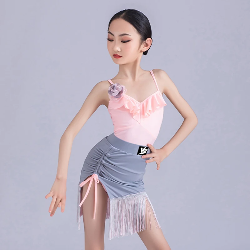 2024 Latin Dance Practice Clothes Girls Pink Tassel Split Sets Kids Cha Cha Rumba Samba Dance Dress Performance Dresses DNV20133