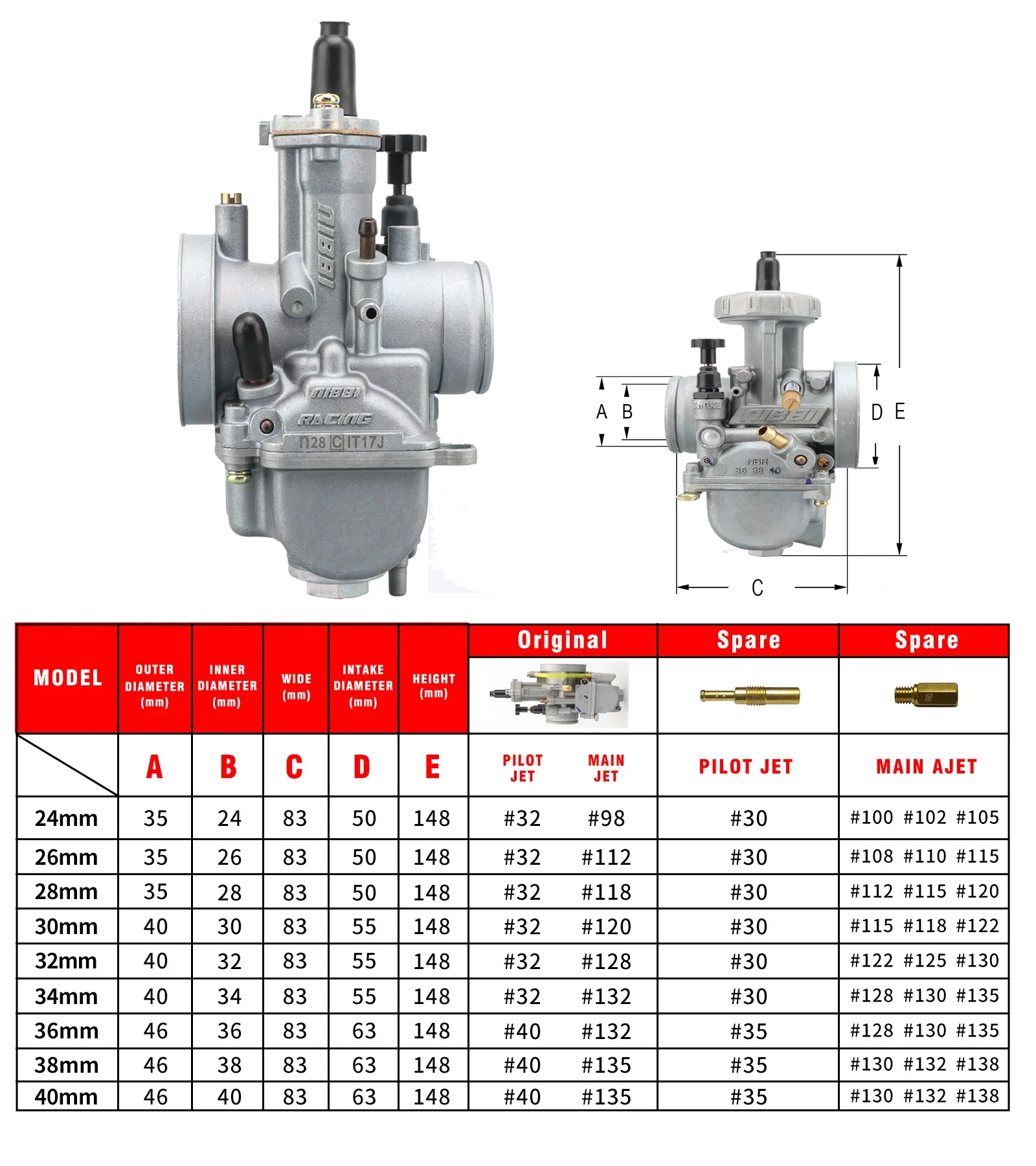 NIBBI Motorrad PWK Racing Vergaser 30/32/34mm Power Jet Carb 55mm Luftfilter Kit für Yamaha Suzuki Pitbike 250cc-400cc Motor – Detail 3