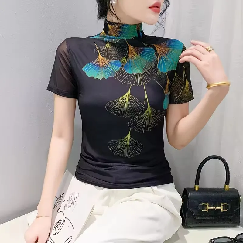 

2025 Spring Summer European Clothing T-Shirt Women's Turtleneck Designer Print Top Fashion Short Sleeve Slim Mesh Tee