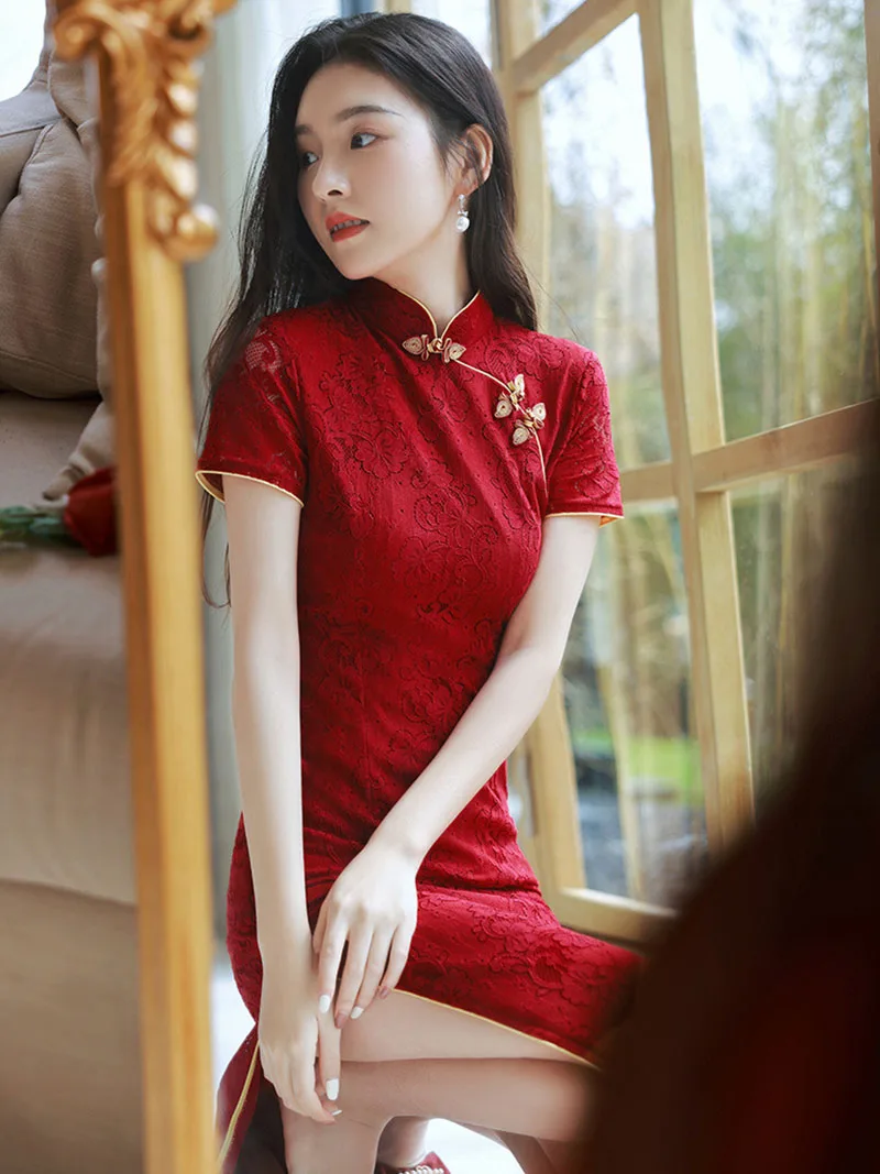 Cheongsam de manga corta para mujer, vestido de encaje Vintage mejorado, ajuste Delgado, elegante, rojo vino, boda, S a XXL