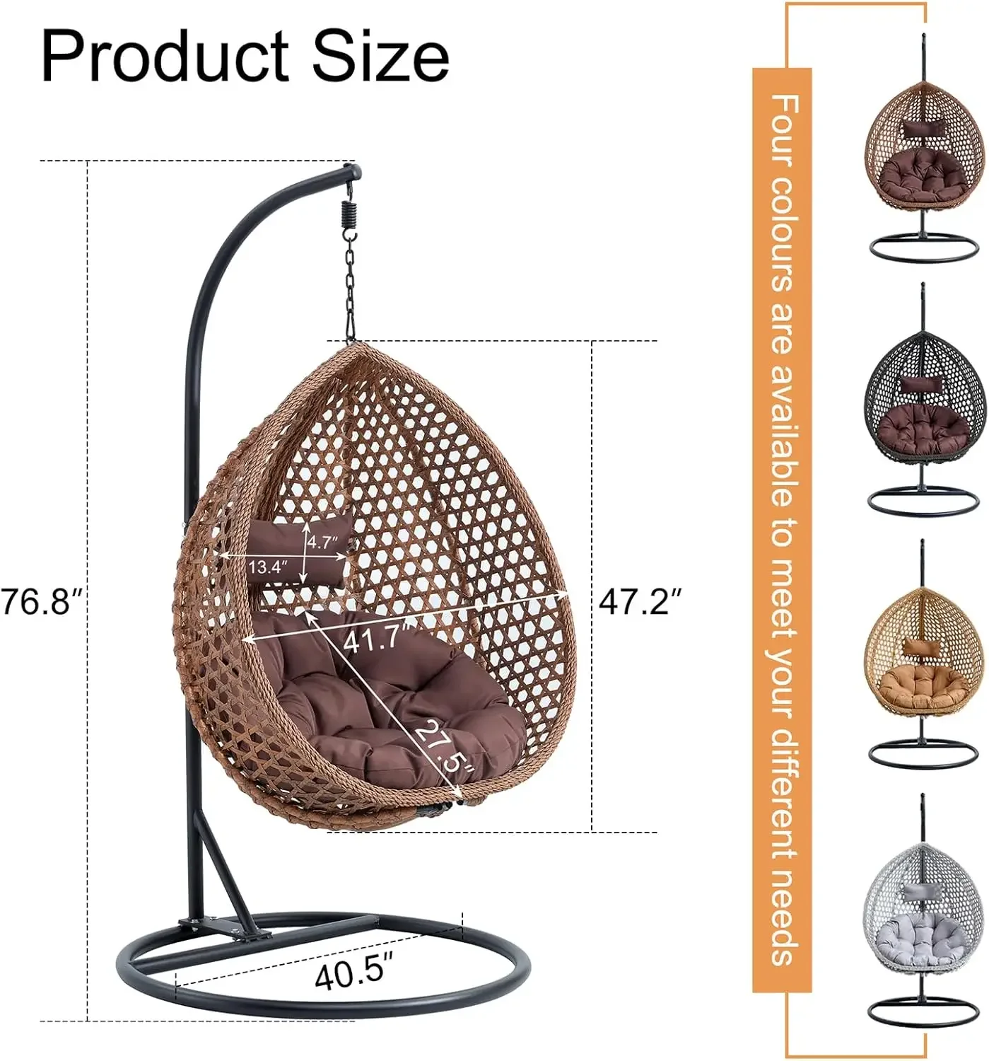 Cadeira de ovo suspensa ao ar livre, cadeira de balanço de vime com cesta dobrável, rede com suporte de metal, salão para jardim backyard