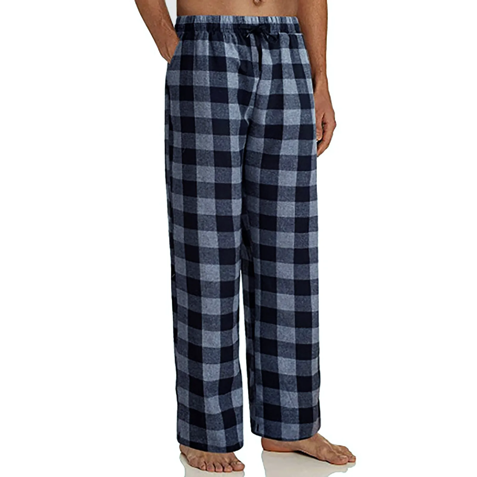 Men Wide Leg Pants Pajamas Plaid Sleep Pants Soft Bottoms Classic Home Wear Elastic Waist Cotton Linen Drawstring Trousers