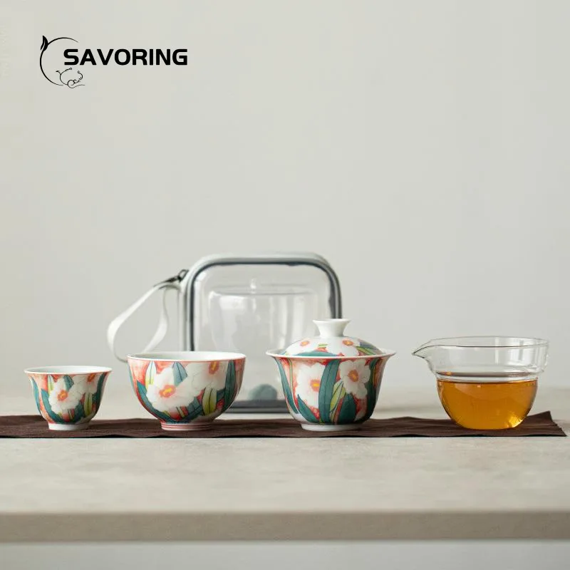 Narcissus Travel Tea Set Outdoor Portable Ceramic Tea Service Teacup Set Mate Porcelain Cups Ceremony Maker Tool Chinese Cup Pot
