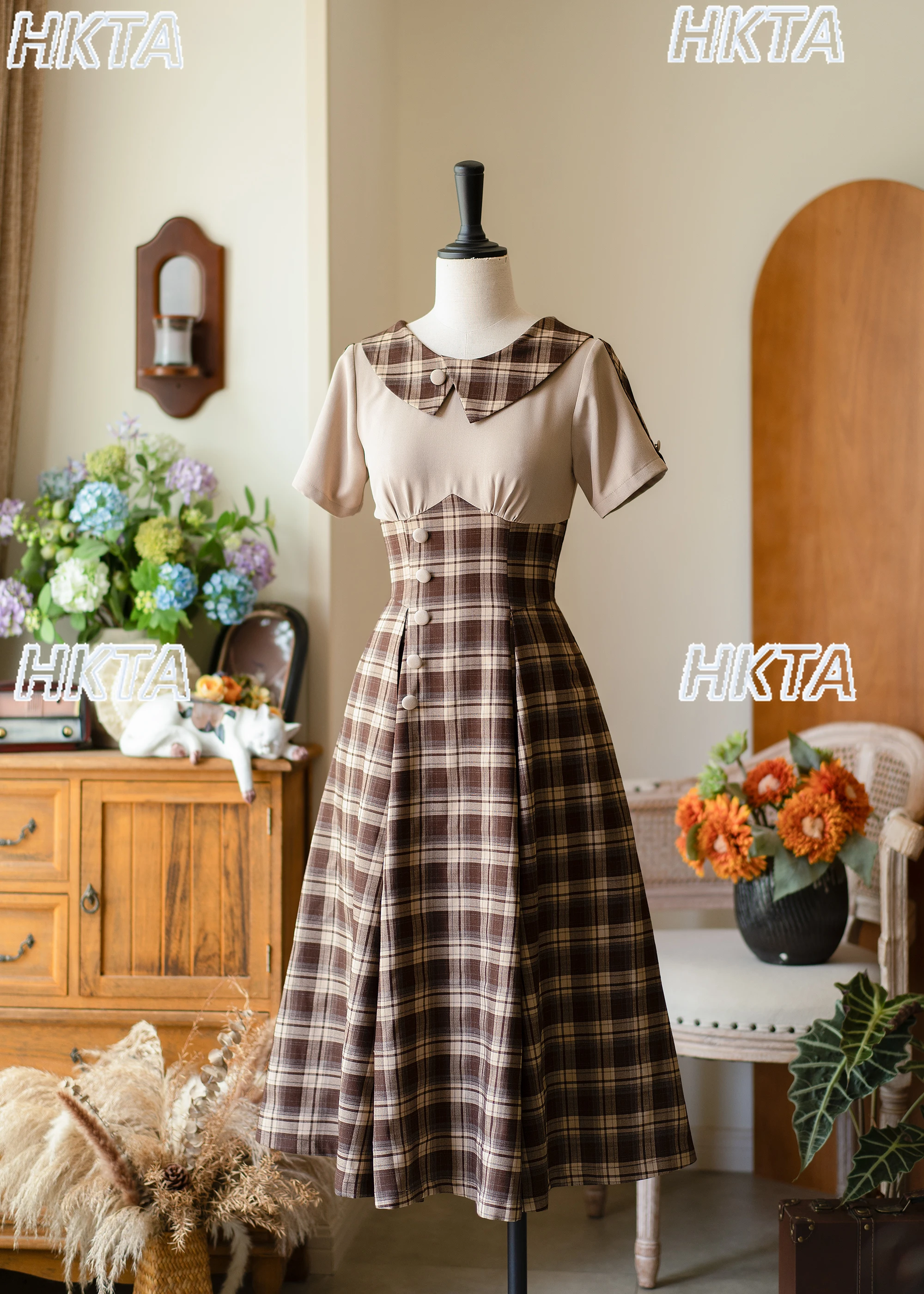 Vintage Stijl Zoete Pop Kraag Geruite Lange Jurk Vrouwen Nieuwe Zomer Elegante Hoge Taille Slanke A-lijn Licht Paarse Jurken voor Meisje