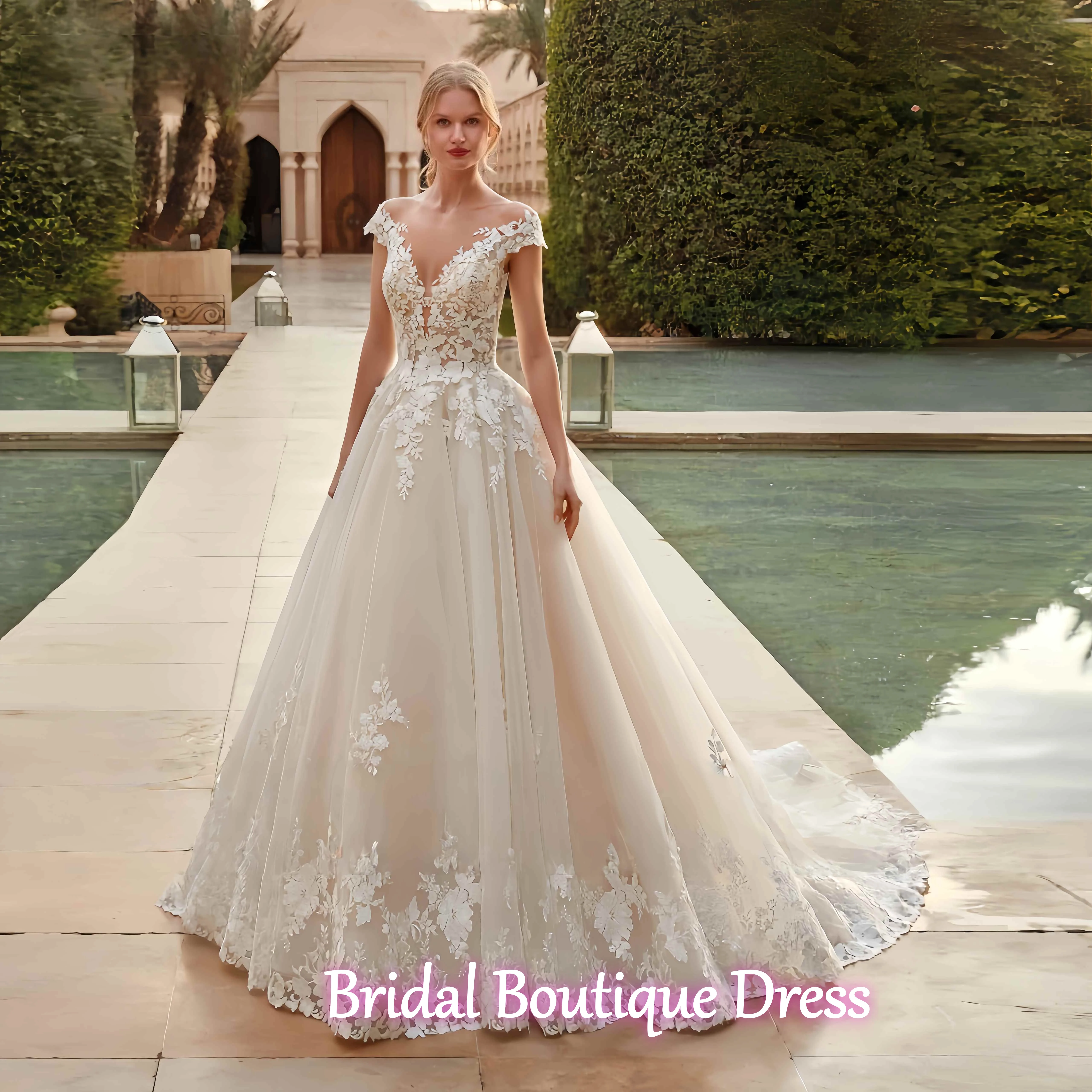 

Customized Exquisite Champange Wedding Dresses Lace Applique A-Line Boho Bride Gowns Princess Short Sleeve Bridal Dress vestidos