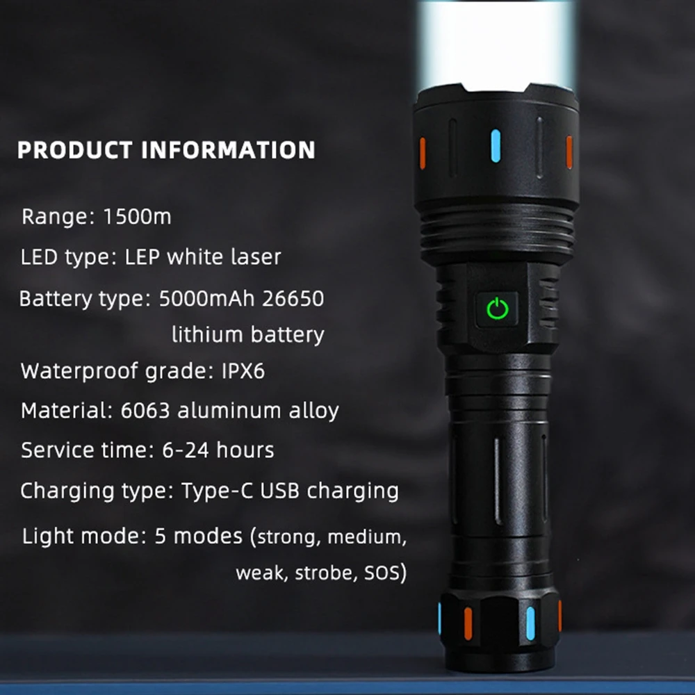 1500 Meters Super Bright White Laser Light LEP USB Rechargeable Torch 26650 Battery Outdoor Camping Emergency Flashlight