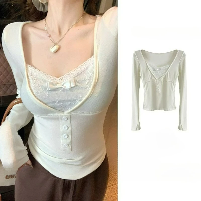 

2026 Spring/Autumn New Fashion Slimming High-Waisted Base Layer Top Lace-Patchwork Ruffled Long Sleeve T-Shirt for Women