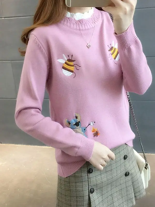 

Korean Sle Ruffle Collar Embroidered Knit Top Women's Autumn Winter Faion Base Layer irt Sweater Upper Body Casual Comm...
