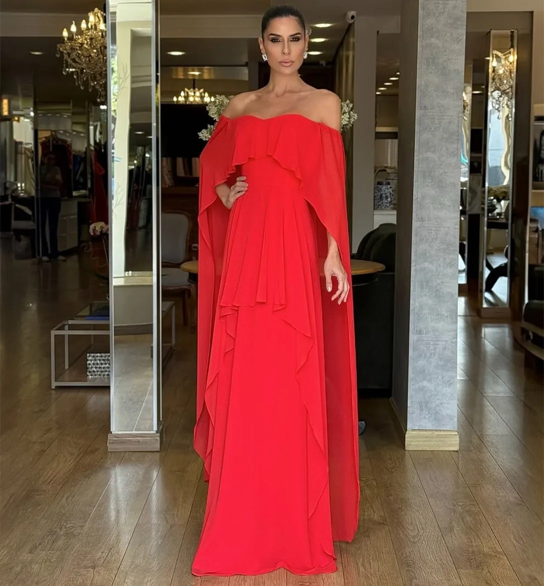 

Customized Long Chiffon Evening Dresses with Cape A-Line Boat Neck Pleated فساتين السهرة Prom Dress for Women