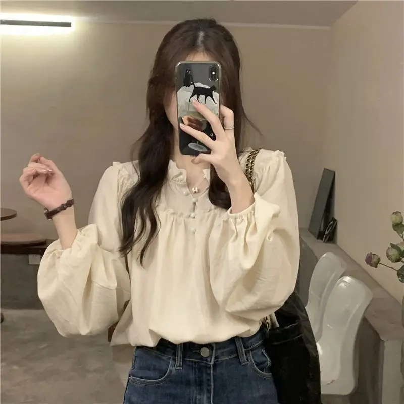 Bubble Sleeve Shirt Women\'s New Style with Black Fungus Edge Design French Retro Style Pullover Long Sleeved Top