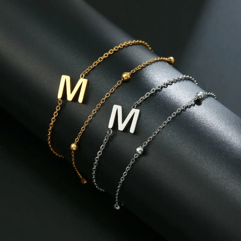 

A-Z Initial Letters Charm Bracelet Stainless Steel Gold Color Alphabet Double Layer Beads Chain Bracelets Fashion Jewelry