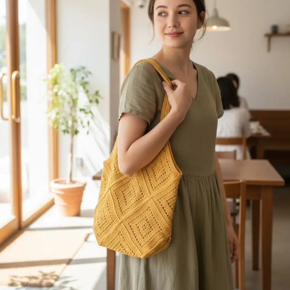 

Вязаная сумка-корзина с сетчатым узором, полая конструкция, большая вместимость, сумка через плечо, минимализм, полиэстер