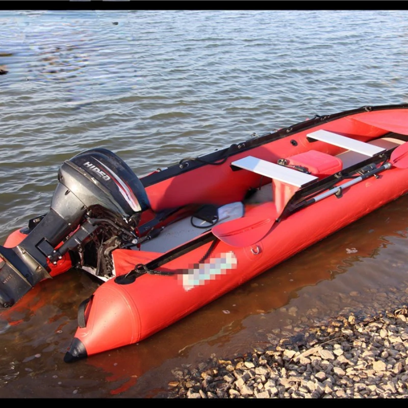 Cheap marine grade Red inflatable fishing kayak boat with outside motor Qingdao !