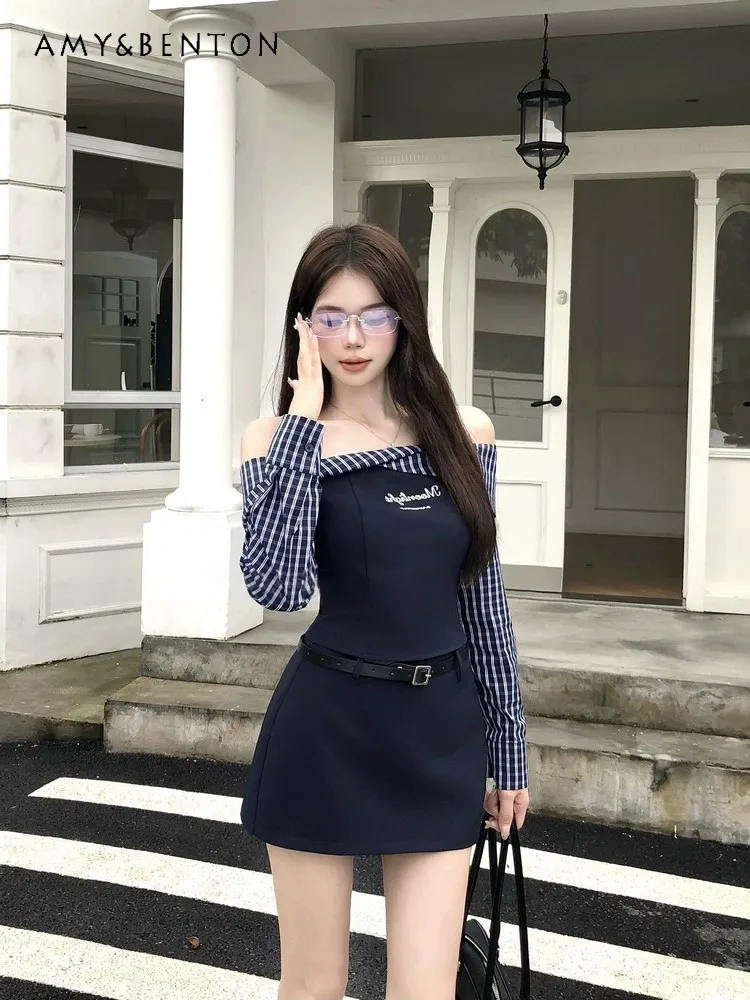 

Весенне-осенний новый ретро-поддельный комплект из двух предметов с открытыми плечами в стиле пэчворк, клетчатый топ, темно-синяя полуюбка, комплект из двух предметов